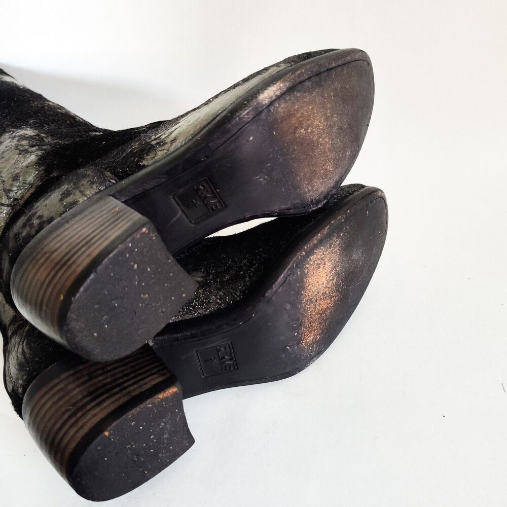 Frye Black‎ Pewter Metallic Leather Calf Hair Size 6 Knee High Tall Riding Boots - Picture 12 of 13
